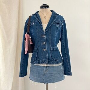 Vintage y2k 90s Womens Denim Blazer Jacket Medium Blue Western Country Grunge